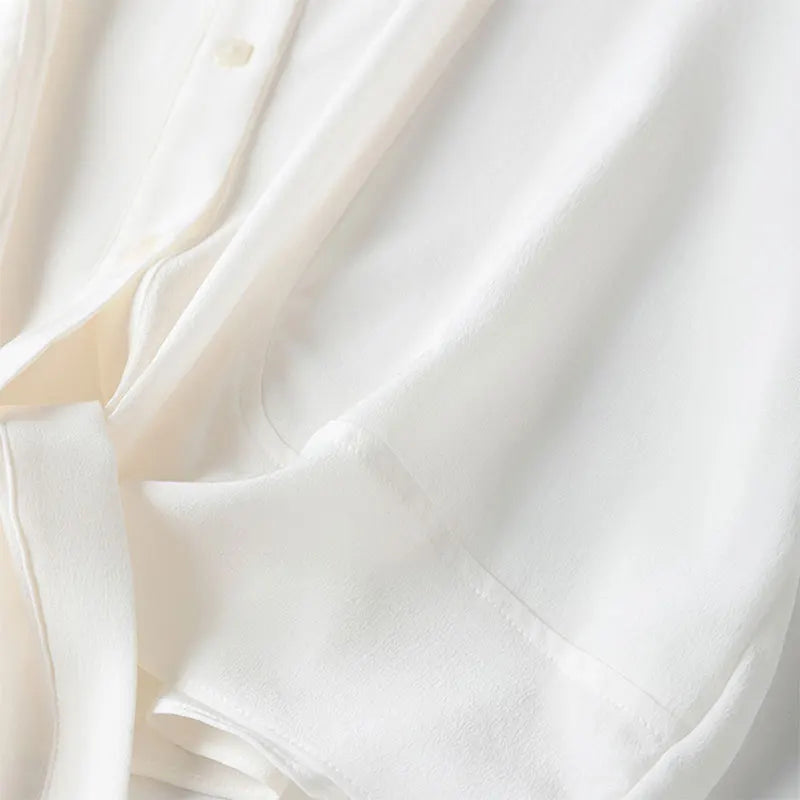 Women Silk Shirt 100% Mulberry Crepe Silk Solid White Lantern Sleeve Bow-tie Bottom Loose Type Top Blouse Office Lady Work MM898