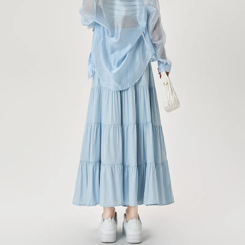 Summer Blue Long Skirts for Women Elastic High Waist Bow Cake Skirts Ladies Loose A-line Midi Skirts Korean Preppy Style Skirts