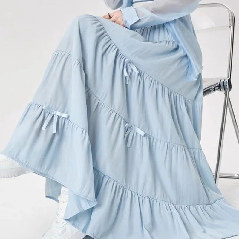 Summer Blue Long Skirts for Women Elastic High Waist Bow Cake Skirts Ladies Loose A-line Midi Skirts Korean Preppy Style Skirts