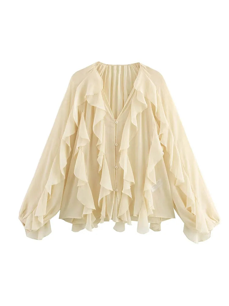 VEITCHE Spring Summer Women Fashion Casual Ruffles Blouses Semi-sheer Loose V Neck Tiered Single Breasted Solid Color Chic Tops