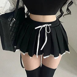 Lace Patchwork Pleated Skirt for Women Y2K Summer Fashion Preppy Drawstring Tutu Skirt Korean Sweet Lolita All Match Mini Skirts