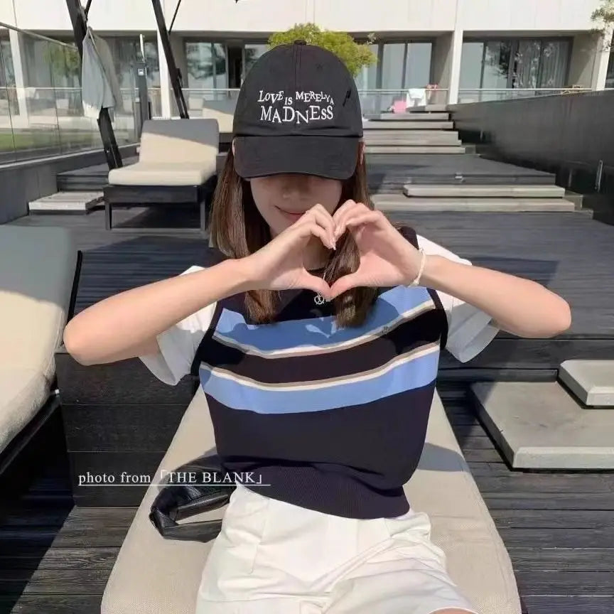 Korean Striped Fake Two-piece Knitted Short Sleeve Shoulder T-shirt for Women in Summer Loose Short Top