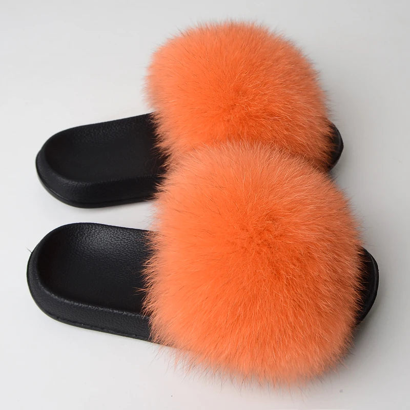 Real Fox Fur Slippers Women Fluffy Slippers With Fur Fashion Beach Shoes Plus Size Shoes Natural Fur Slippers Woman Home Slipper