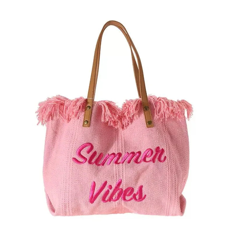 Handbag Woman Bag Design Simple Niche Travel  Beach Tote Bag Tassel Letter Embroidery Fashion Large Capacity Shoulder Bags 2022