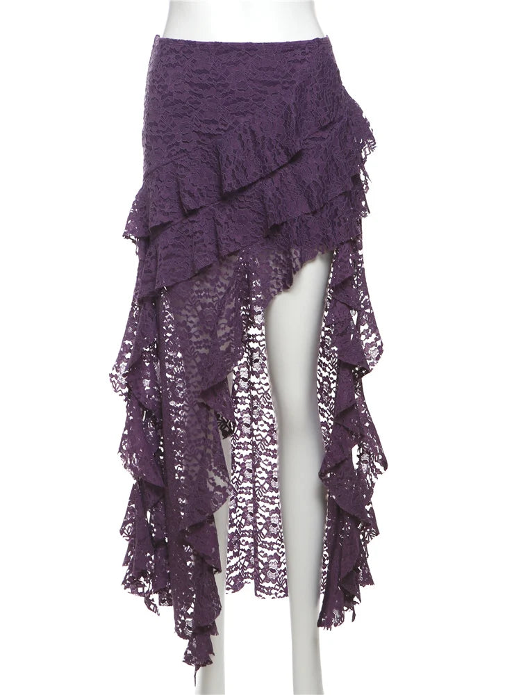 Nibber Tassels Women Skirts Irregular Hem Multi-Layered Ruffles Lace Patchwork Sweet Summer Trend Daily Skinny Versatile Bottoms