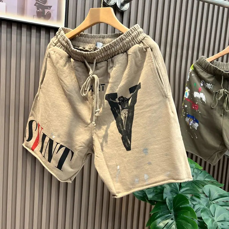Summer New Heavy American Sweatpants High Street Hip Hop Cotton Printed Shorts Ink Splashing Hipster Elastic Waist Men's Pants
