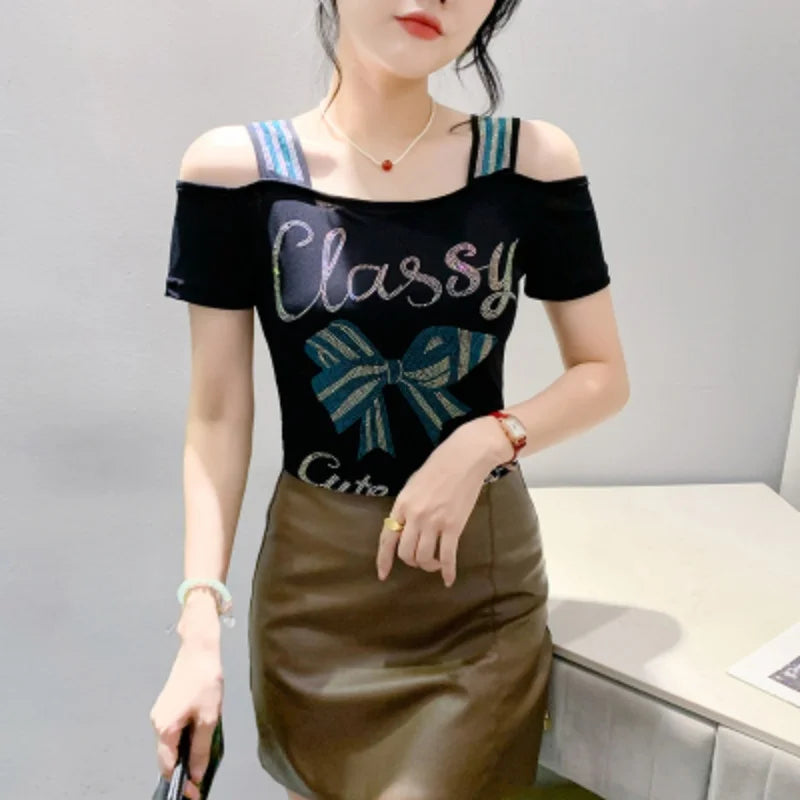 M-3XL Streetwear Luxury Flower Hot Diamonds T-Shirt Women Summer Fashion Sexy Off Shoulder Slim Mesh Tops Female Chic Tees