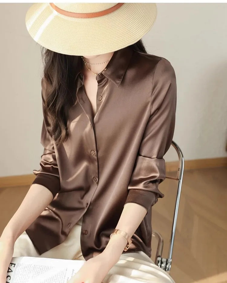 Spring Autumn Elagant Satin Women's Blouse 2025 New Long Sleeve Turn-down Collar Korean Casual Loose Office Lady Shirts Female