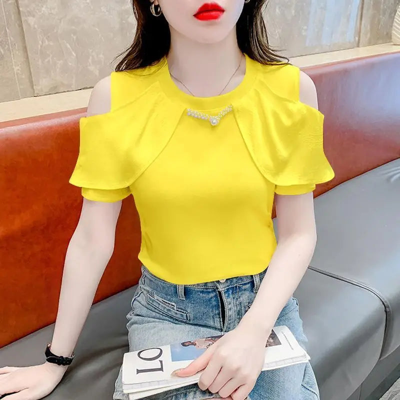 New Chinese Style 2025 Summer New Short-sleeved T-shirt Women Top Off-shoulder Chic Versatile Pullover