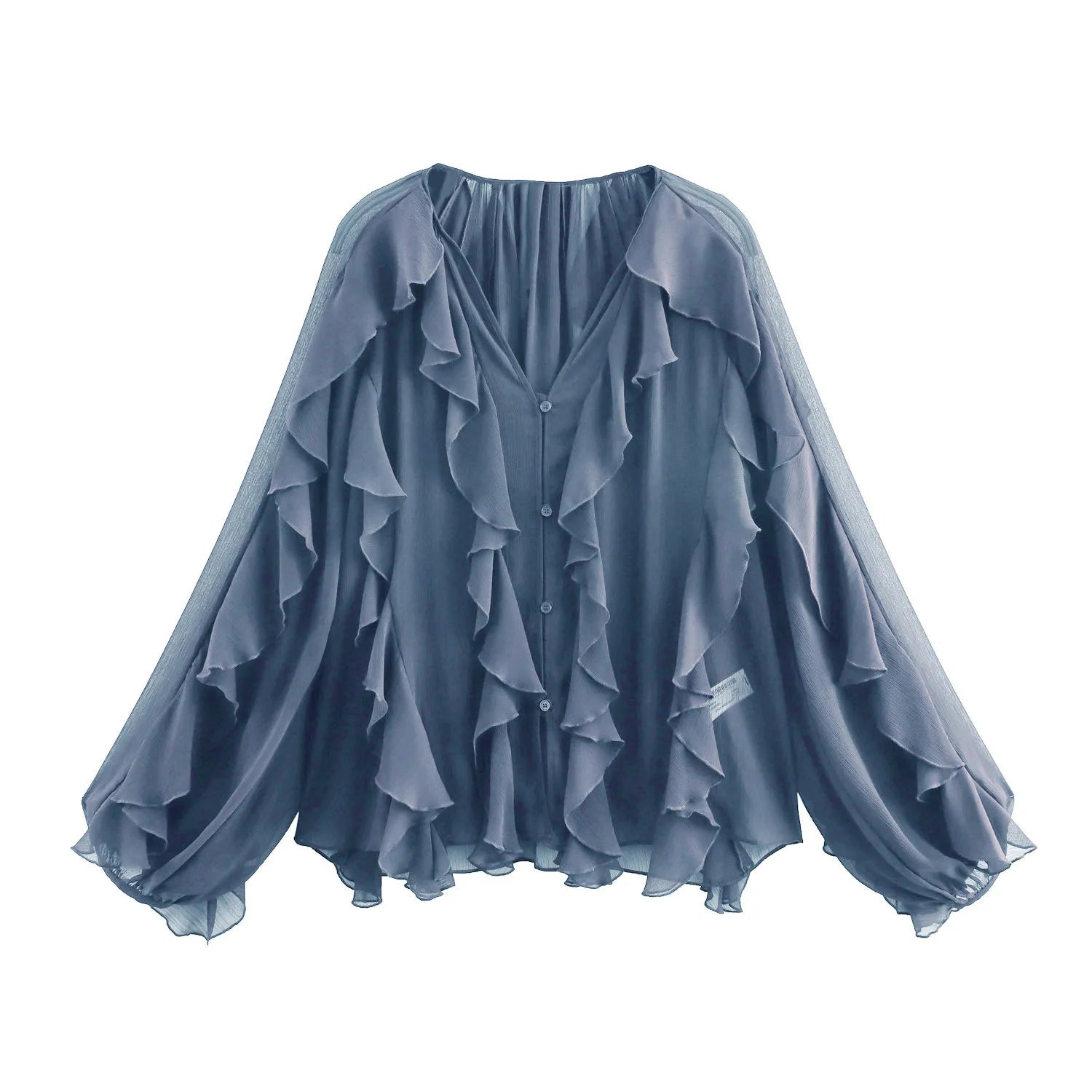 VEITCHE Spring Summer Women Fashion Casual Ruffles Blouses Semi-sheer Loose V Neck Tiered Single Breasted Solid Color Chic Tops