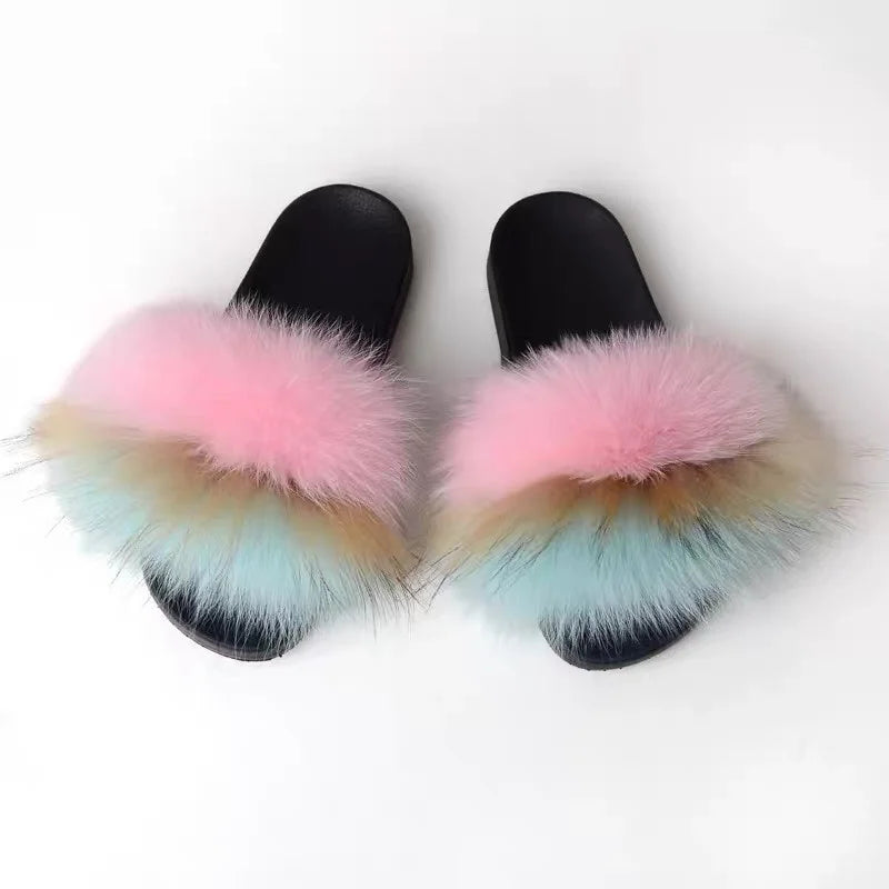 Real Fox Fur Slippers Women Fluffy Slippers With Fur Fashion Beach Shoes Plus Size Shoes Natural Fur Slippers Woman Home Slipper
