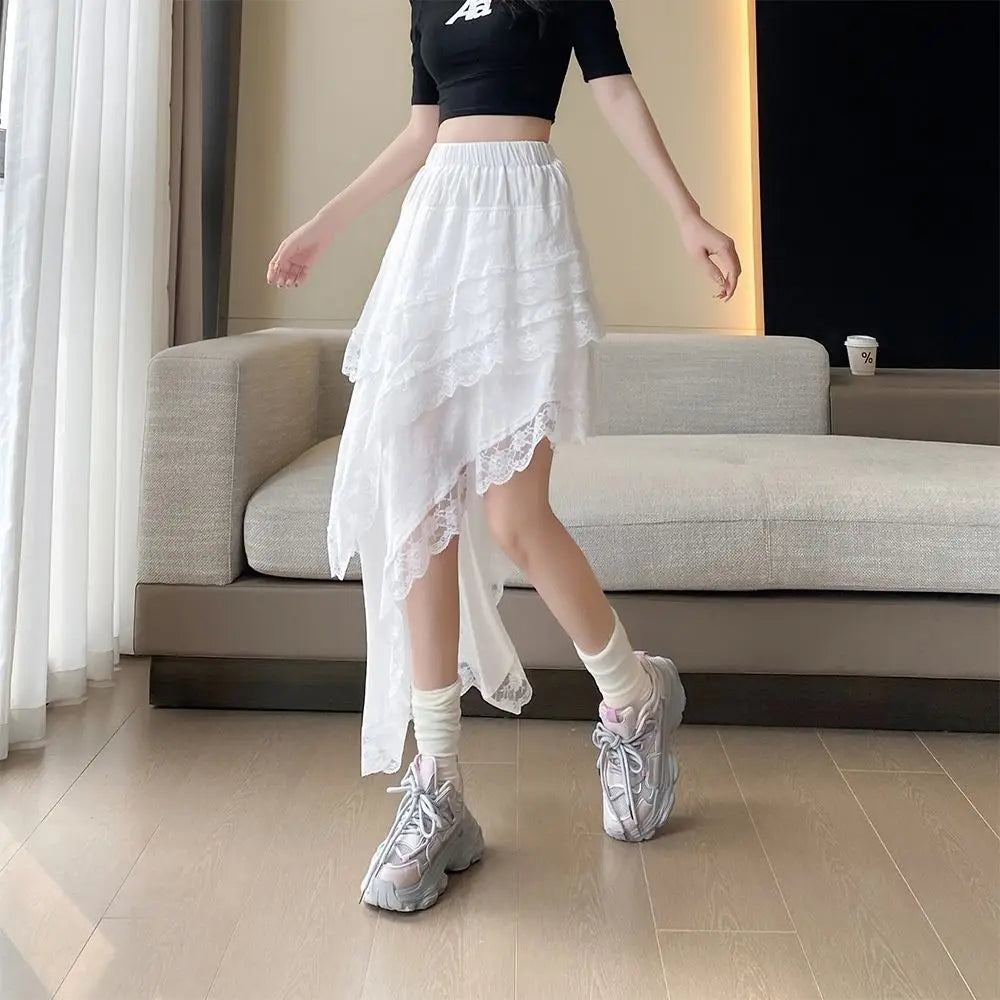 Korean Fashion Summer Women's Elastic Waist Solid Color Lace Hollow Out Patchwork Asymmetrical Sweet High Waist Mid-length Skirt