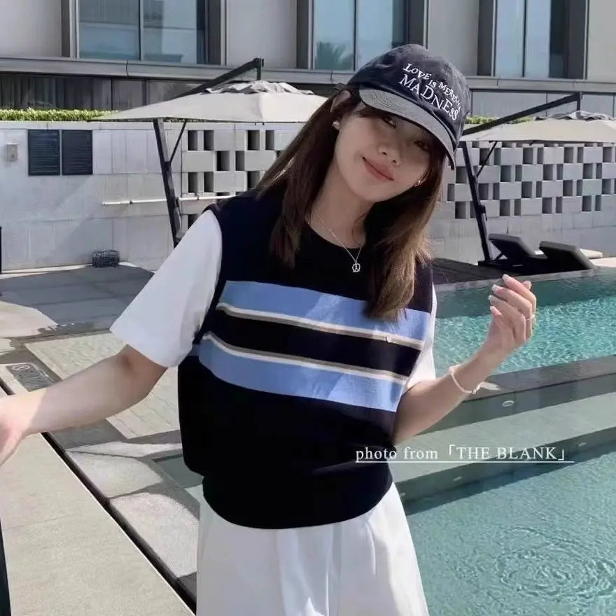 Korean Striped Fake Two-piece Knitted Short Sleeve Shoulder T-shirt for Women in Summer Loose Short Top