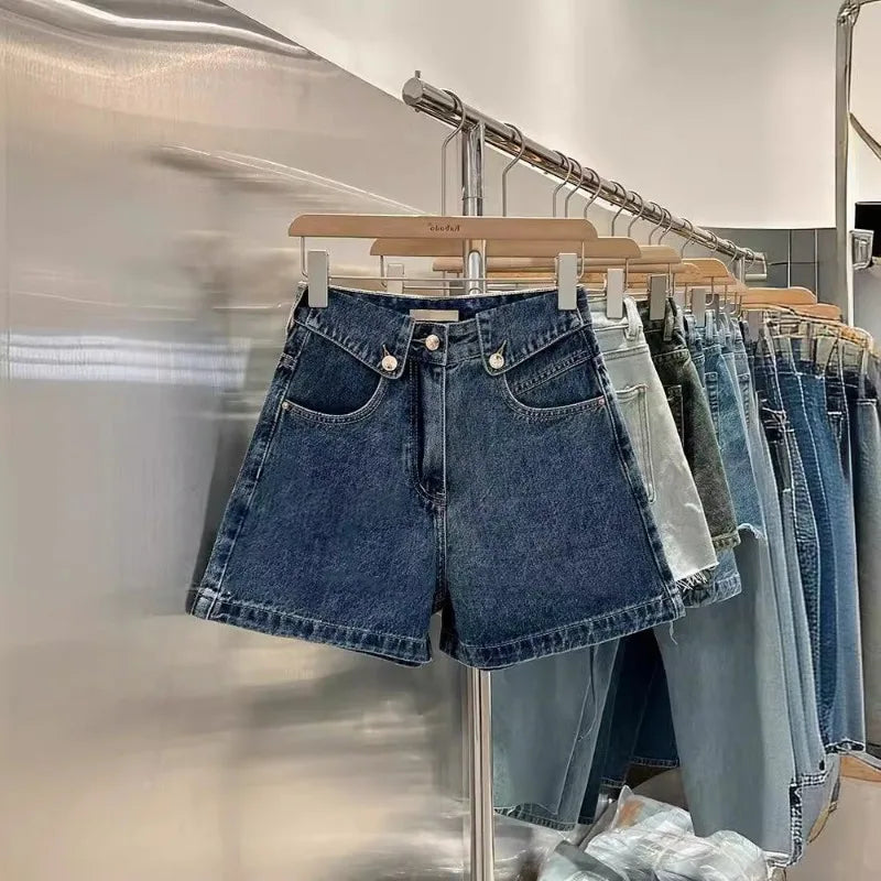 2025 Summer Denim Shorts Women's Trendy Versatile High-Waisted Loose-Fit Straight-Leg Casual Mid-Length Wide-Leg Vintage Pants