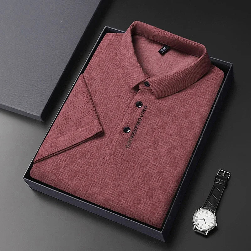 New Men's Business Casual Short Sleeved Shirt with Badge Solid Color Polo Shirt Fashionable Breathable Comfortable Versatile Top