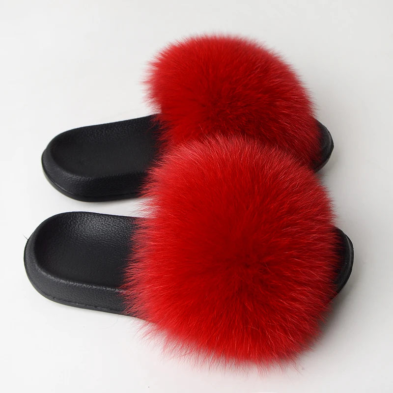 Real Fox Fur Slippers Women Fluffy Slippers With Fur Fashion Beach Shoes Plus Size Shoes Natural Fur Slippers Woman Home Slipper