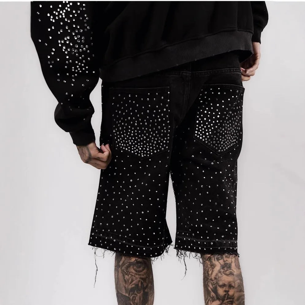 Oversized Iron Diamond Pattern Denim Shorts for Men Hip Hop Punk Low Waist Gym Shorts Streetwear Retro Gothic Y2k Sweatpants