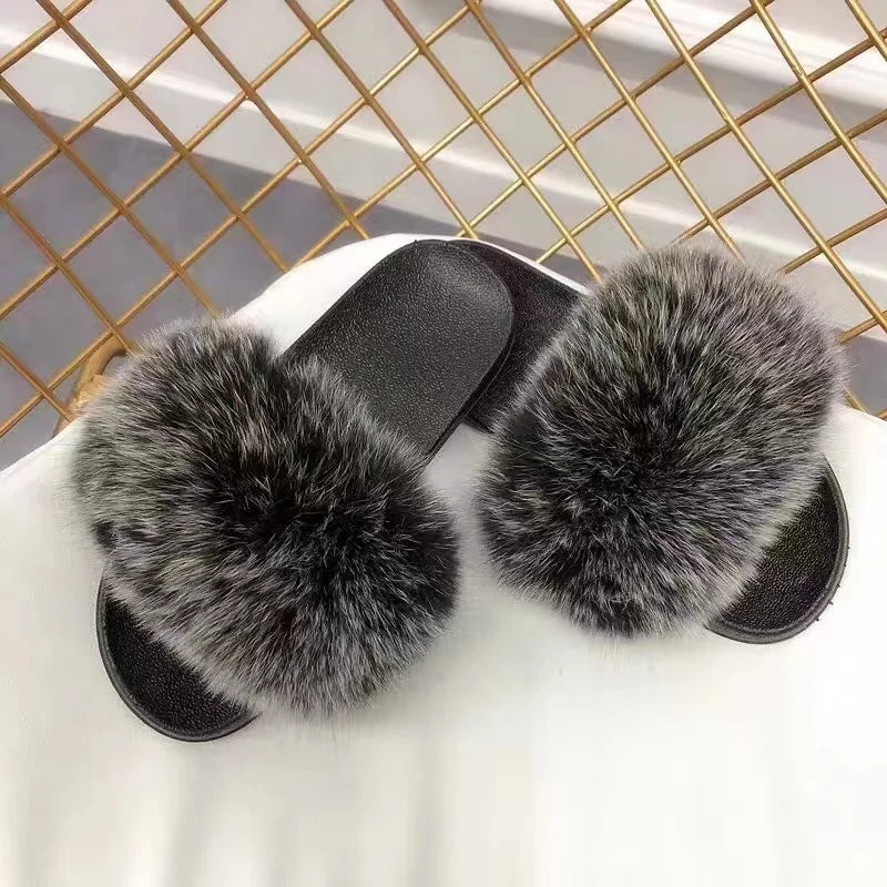 Real Fox Fur Slippers Women Fluffy Slippers With Fur Fashion Beach Shoes Plus Size Shoes Natural Fur Slippers Woman Home Slipper