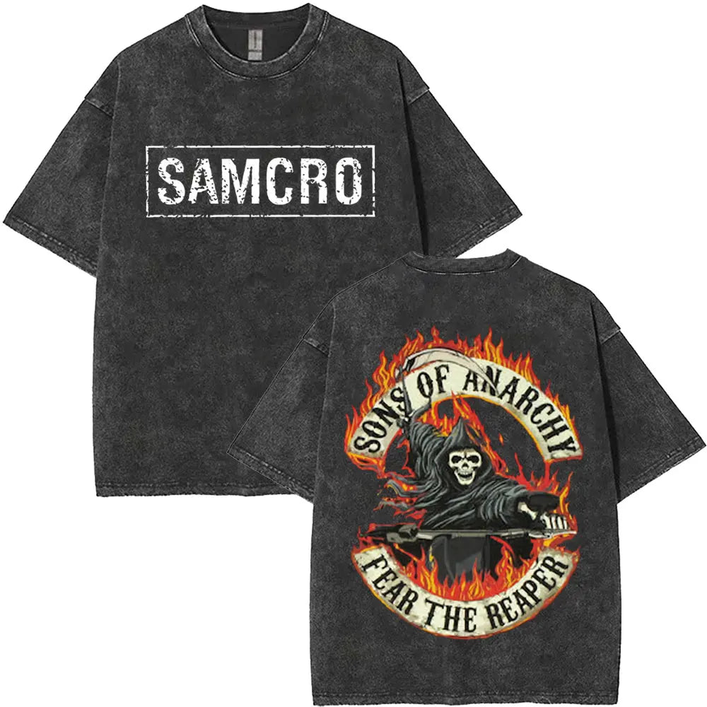 Limited Anarchy Son Samcro Vintage Wash T-shirt Men's and Women's Skeleton Hip Hop Rock Casual T-shirt Short Sleeve Top