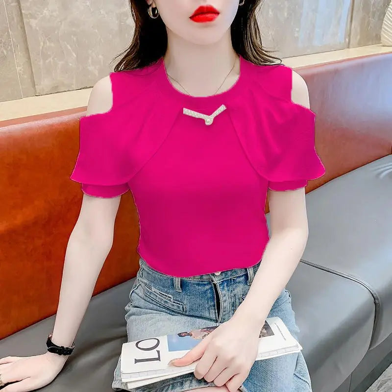 New Chinese Style 2025 Summer New Short-sleeved T-shirt Women Top Off-shoulder Chic Versatile Pullover