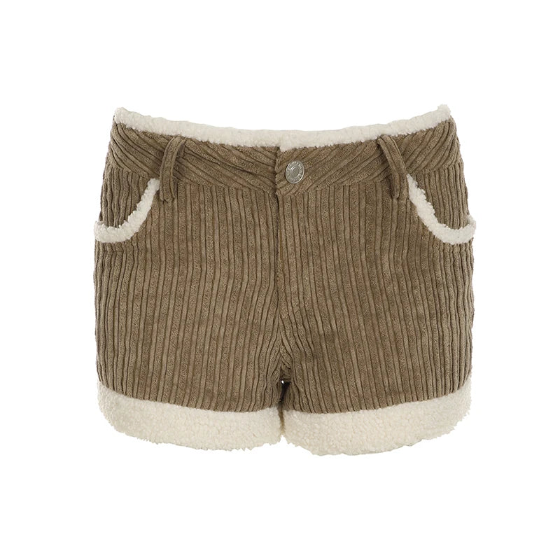 Autumn Trendy New Women’s Corduroy Short Fashion Simple All-Match Faux Fur Trim Spliced Design Short Pants