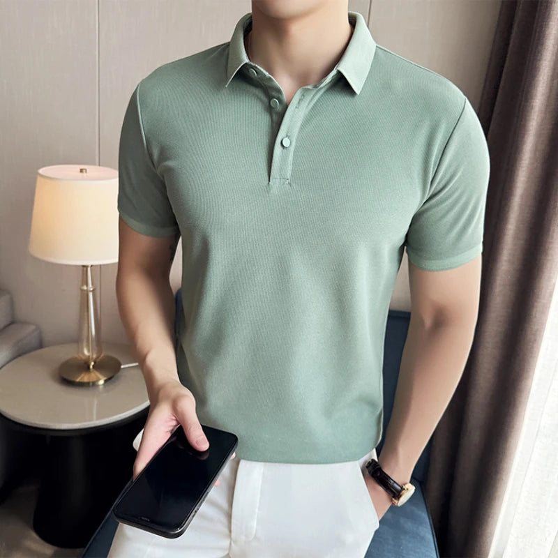 Solid Color Men's Business-casual POLO Shirt, Slim-fit Stretchable Polo Shirt with Polo Collar, Short Sleeve T-shirt for Summer.