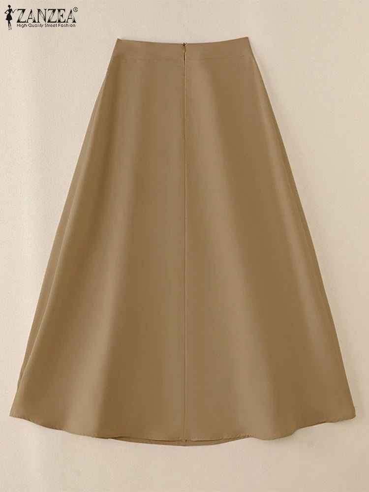Women High Waist Work OL Skirts ZANZEA Sping Casual Solid Skirt Elegant A-line Party Faldas Saia Jupes Autumn Summer Sundress