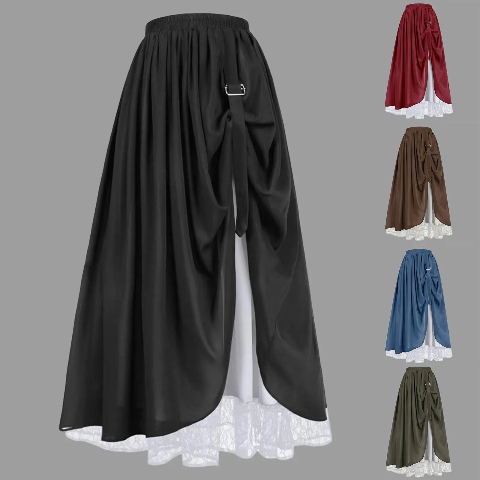 Double Layered Victorian Vintage Skirt Women High Waist Pleated Renaissance Lace Long A Line Skirt With Lining For Autumn Winter