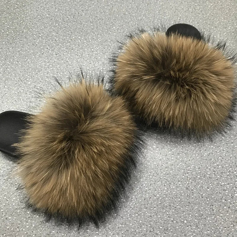Real Fox Fur Slippers Women Fluffy Slippers With Fur Fashion Beach Shoes Plus Size Shoes Natural Fur Slippers Woman Home Slipper