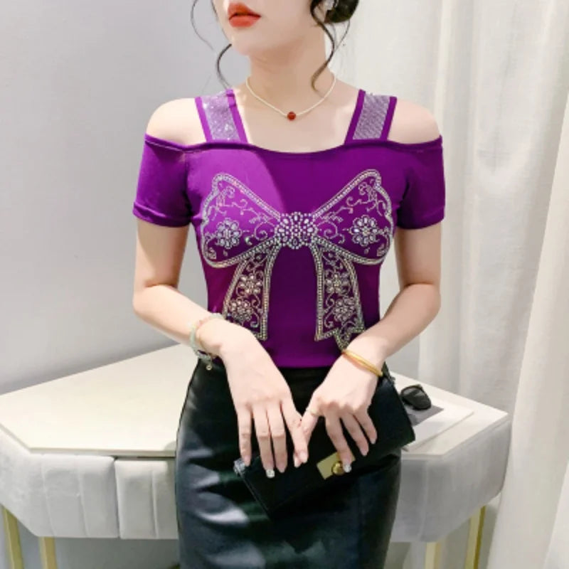 M-3XL Streetwear Luxury Flower Hot Diamonds T-Shirt Women Summer Fashion Sexy Off Shoulder Slim Mesh Tops Female Chic Tees