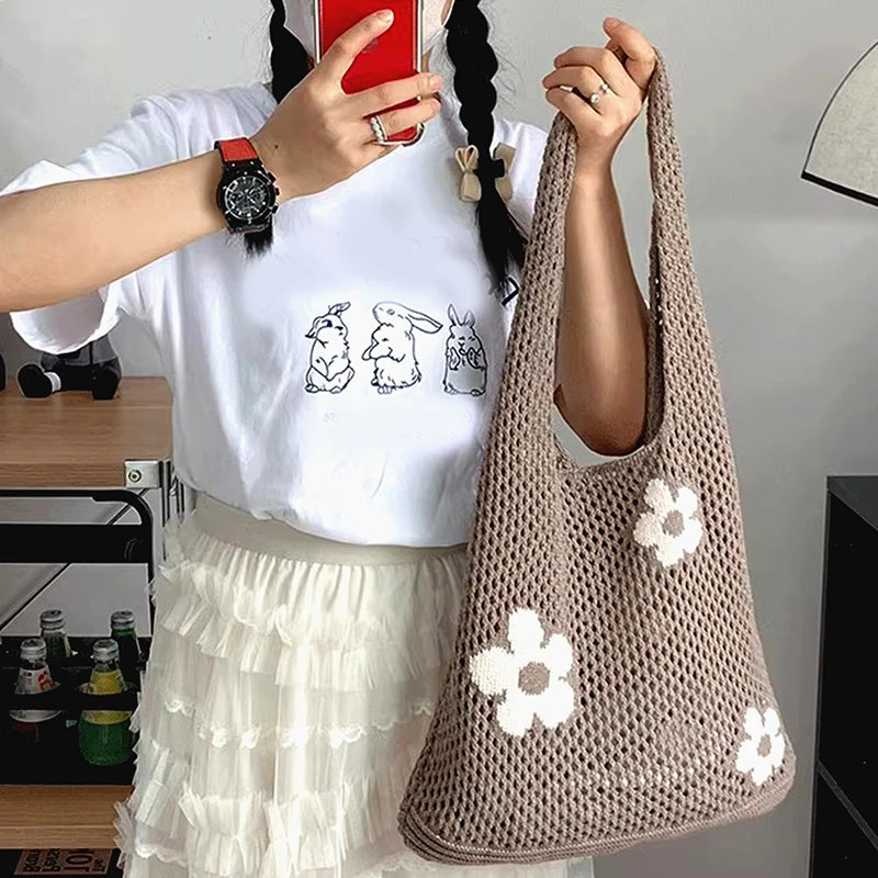 Ins Fashion Sweet Flower Knitted Hollow Tote Bag Large Capacity Shopping Bag Ladies Simple Retro Shoulder Bag Handbag for Women