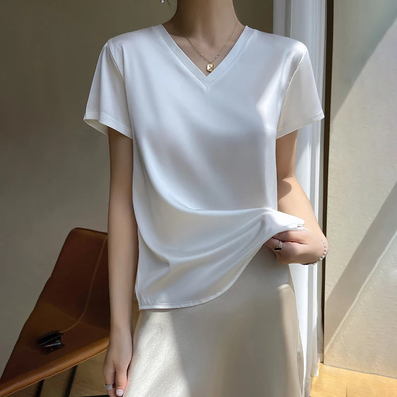 2024 Summer Basic Solid Women's T-Shirts V-Neck Short Sleeve Tees Tops  Satin Silk Elegant Thin Shirts for Female