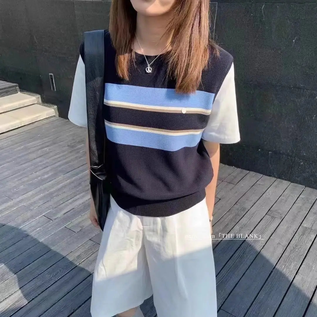Korean Striped Fake Two-piece Knitted Short Sleeve Shoulder T-shirt for Women in Summer Loose Short Top