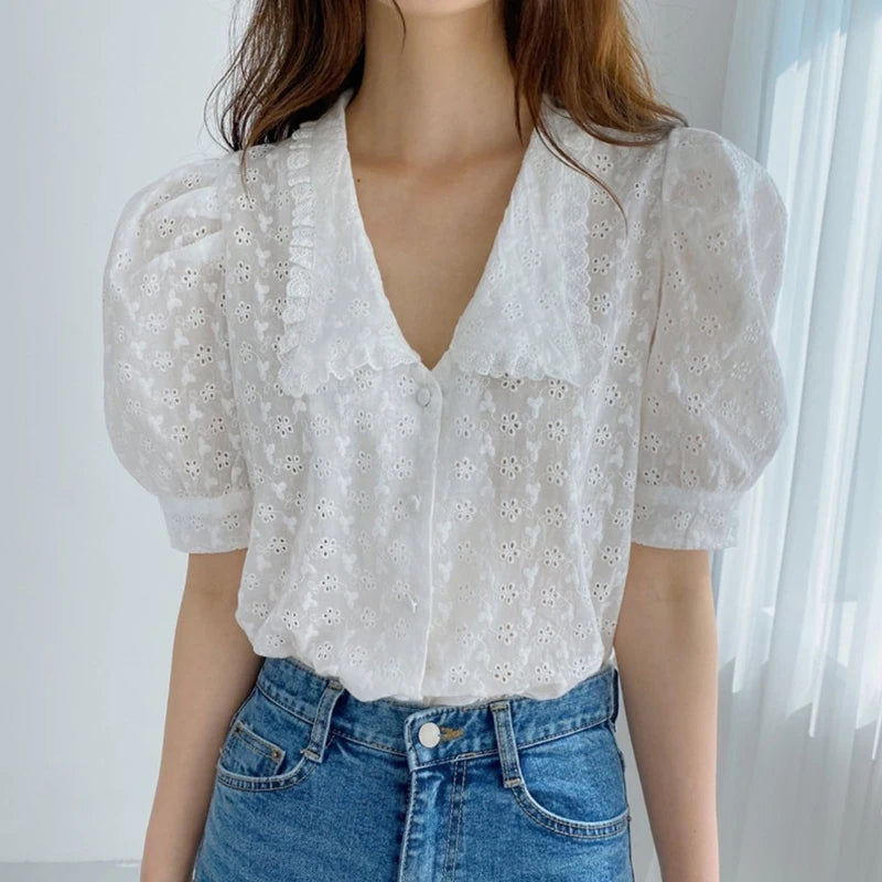 2024 Summer Women Hollow Flower Lace Blouse Korean Chic Puff Short Sleeve Shirt Peter Pan Collar Solid Loose Tops Clothing 13919