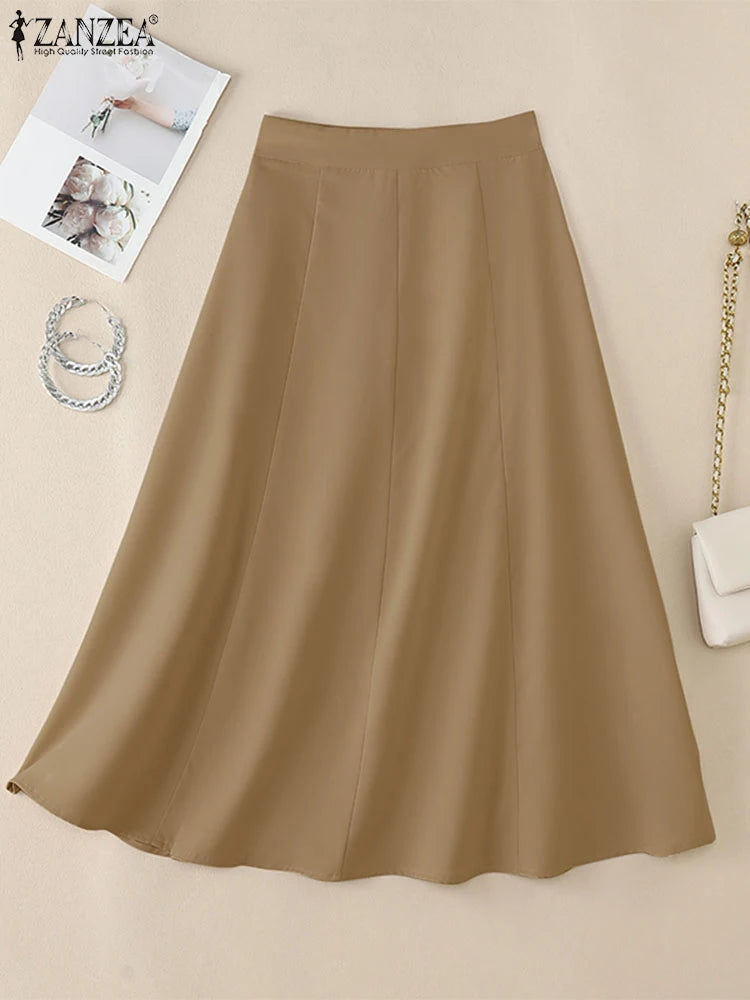 Women High Waist Work OL Skirts ZANZEA Sping Casual Solid Skirt Elegant A-line Party Faldas Saia Jupes Autumn Summer Sundress