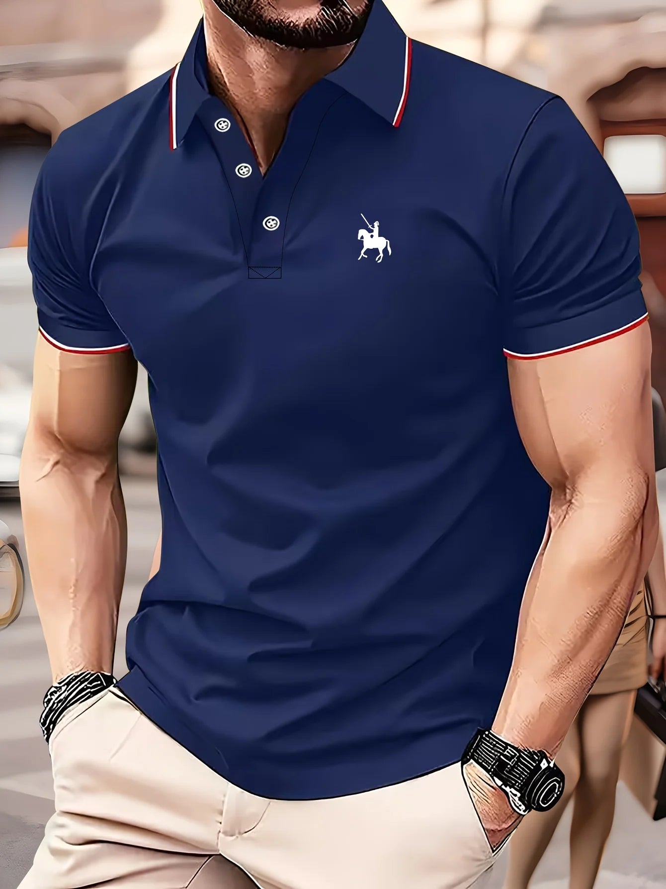 Men's summer 100 cotton fashionable casual knight pattern print loose large lapel short sleeved polo shirt top