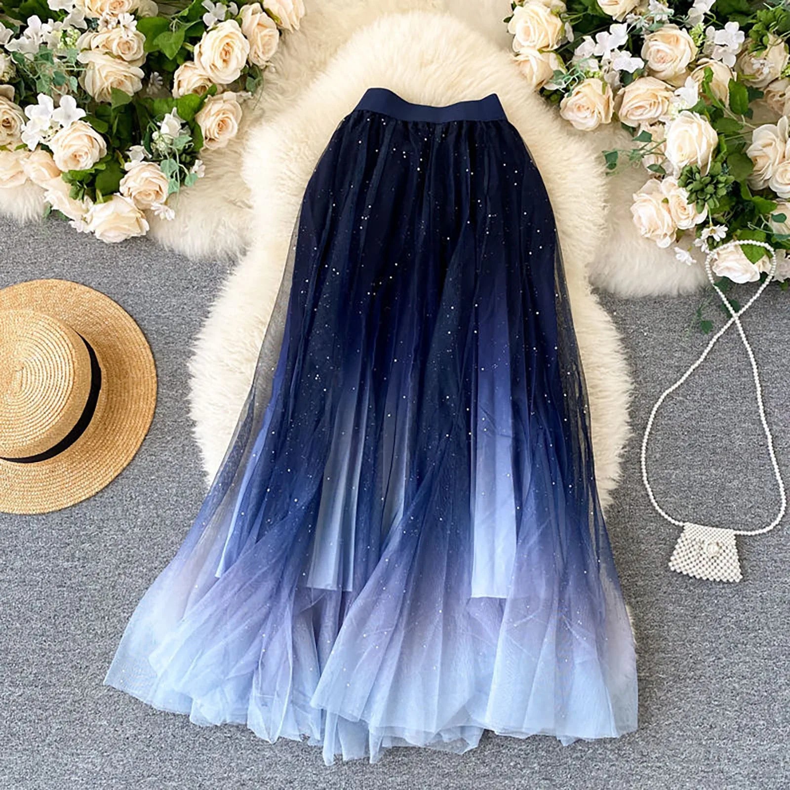 Skirts for Women Short Women's Fairy Tulle SKIRT Starry Sky Gradient Color Mesh Skirt High Waist A Line Pleated Skirt Plaid