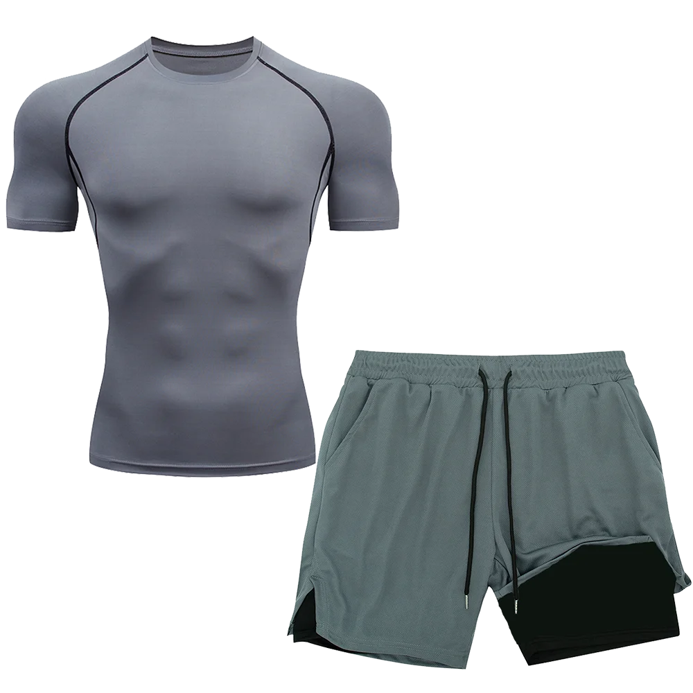 Compression Set Running Sport Fitness Suit for Men Quick Dry Compression Shirt+Gym Shorts 2PCS Workout Summer Sportwear