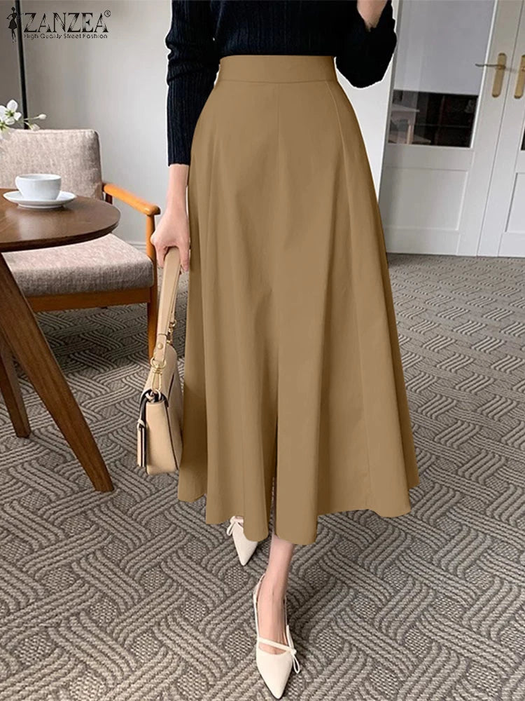 Women High Waist Work OL Skirts ZANZEA Sping Casual Solid Skirt Elegant A-line Party Faldas Saia Jupes Autumn Summer Sundress