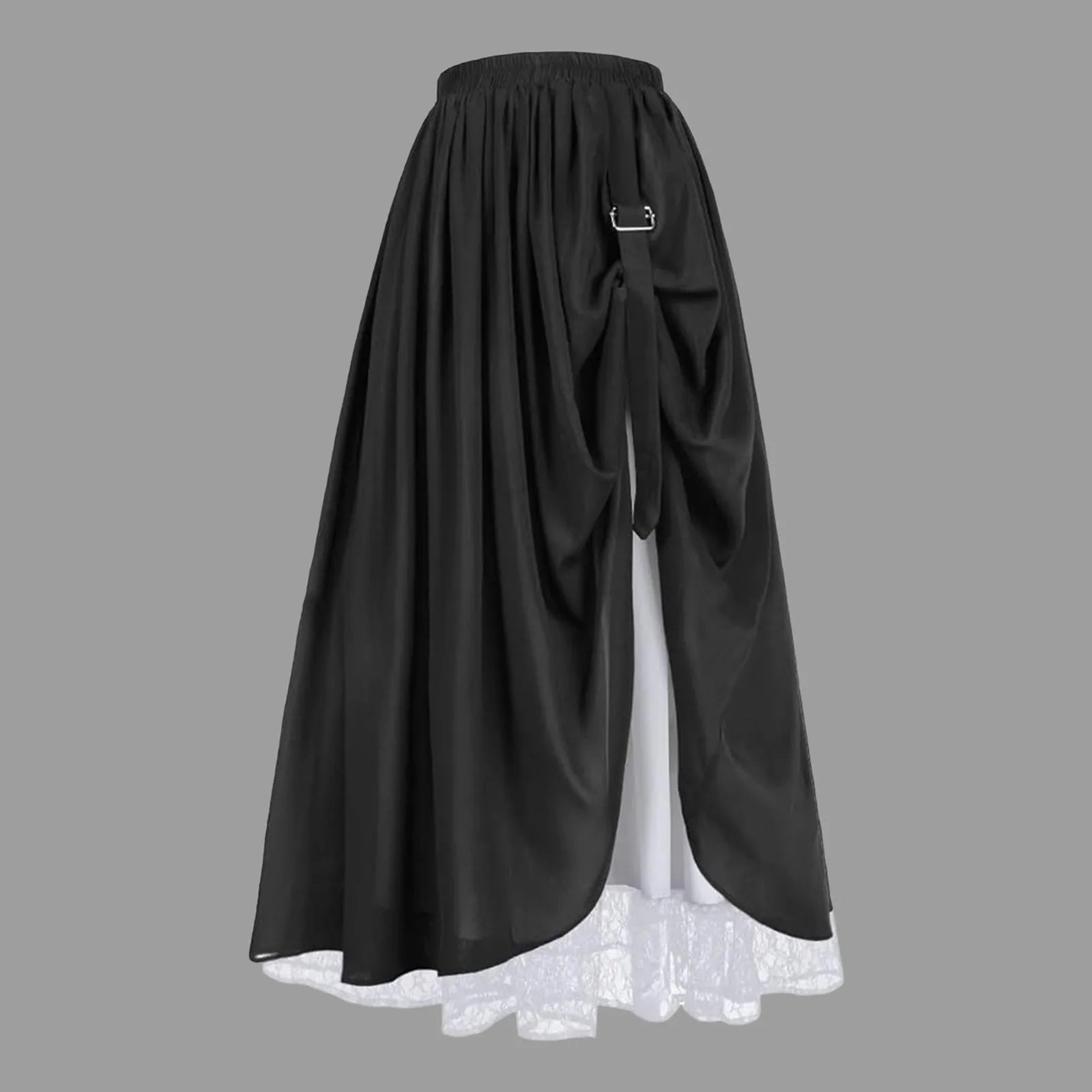 Double Layered Victorian Vintage Skirt Women High Waist Pleated Renaissance Lace Long A Line Skirt With Lining For Autumn Winter