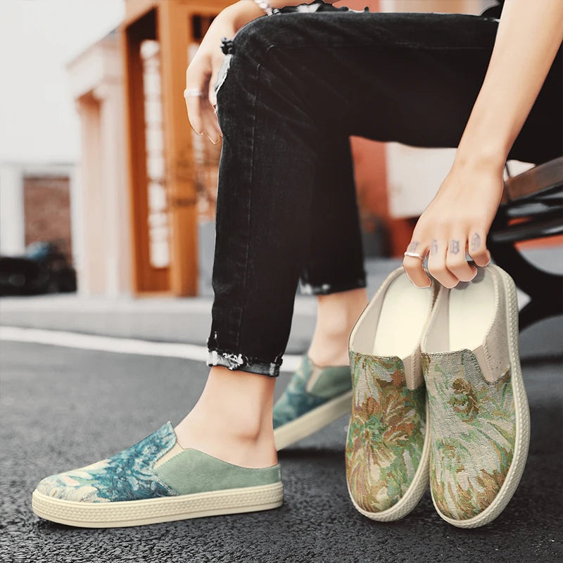 Men's canvas slippers summer outdoor anti-slip soft-sole fashion youth casual slippers driving sandals Joker tide half slippers