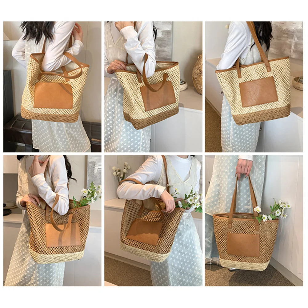 Women Straw Crochet Beach Handbag PU Patchwork Simple Shoulder Bag Contrast Color Minimalist Tote Bag Ladies Summer Bag