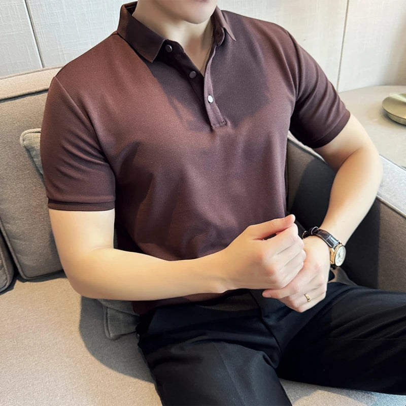 Solid Color Men's Business-casual POLO Shirt, Slim-fit Stretchable Polo Shirt with Polo Collar, Short Sleeve T-shirt for Summer.