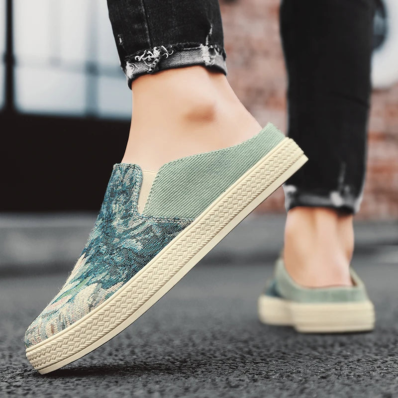 Men's canvas slippers summer outdoor anti-slip soft-sole fashion youth casual slippers driving sandals Joker tide half slippers