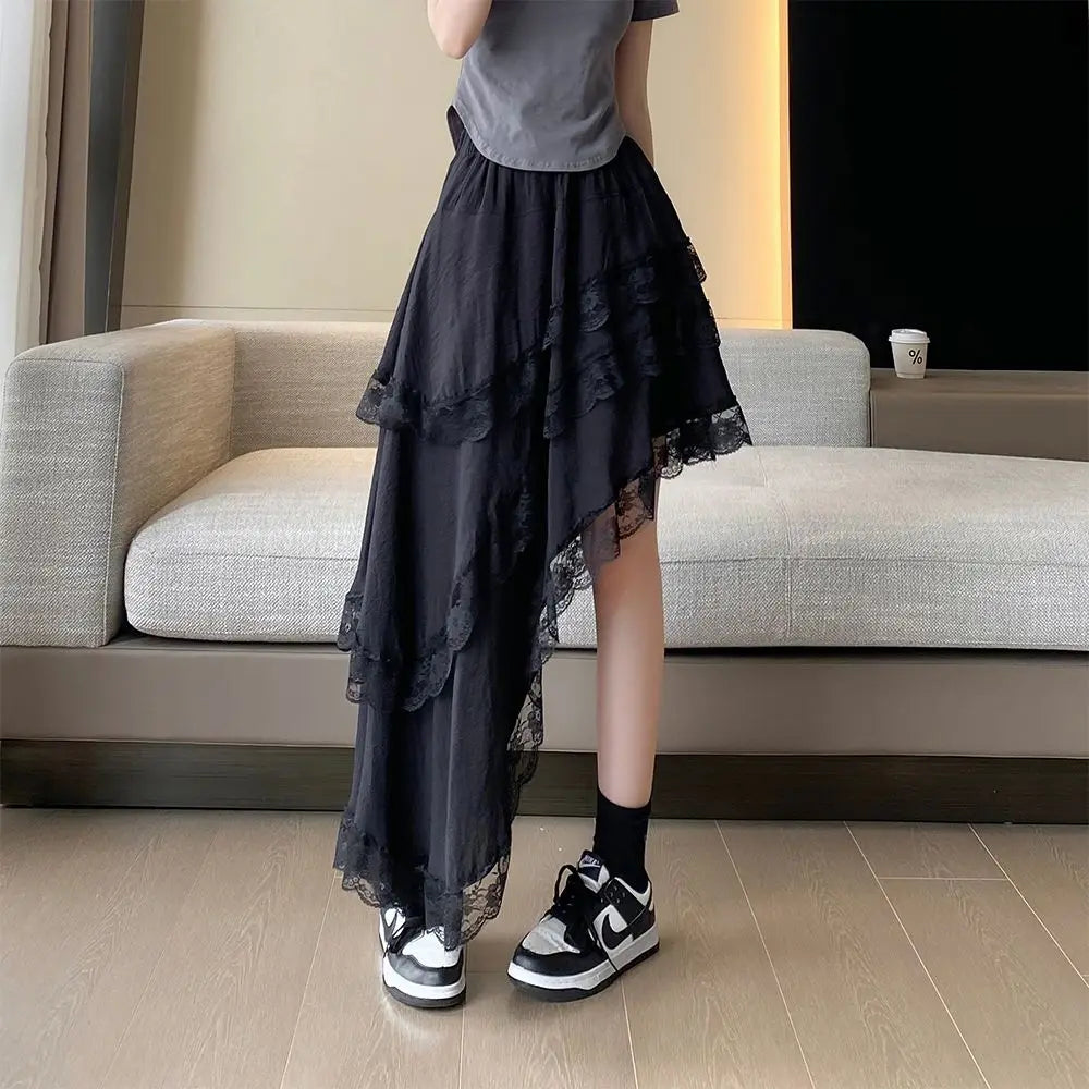Korean Fashion Summer Women's Elastic Waist Solid Color Lace Hollow Out Patchwork Asymmetrical Sweet High Waist Mid-length Skirt