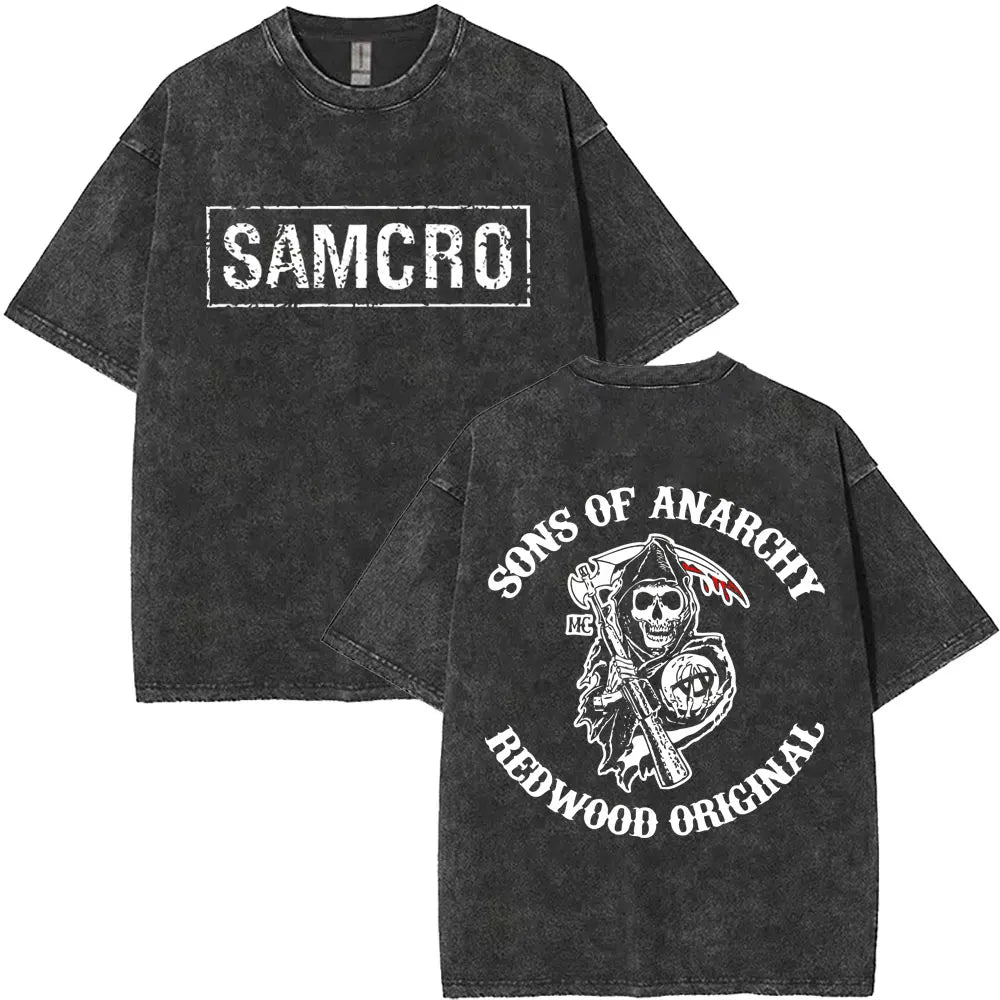 Limited Anarchy Son Samcro Vintage Wash T-shirt Men's and Women's Skeleton Hip Hop Rock Casual T-shirt Short Sleeve Top