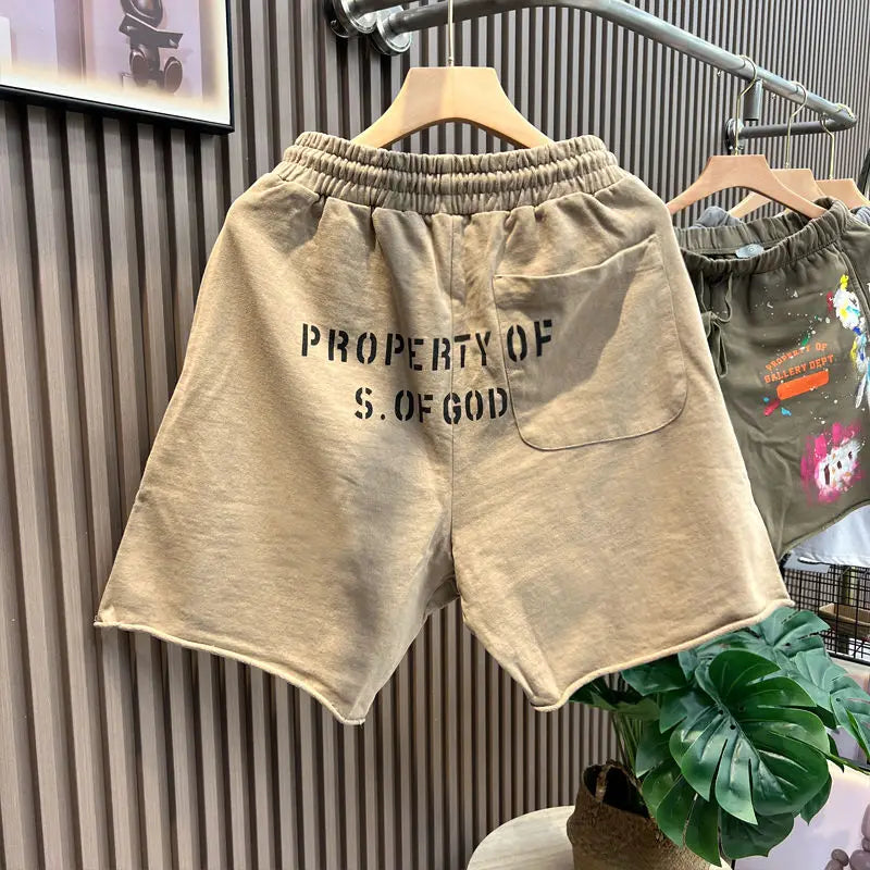 Summer New Heavy American Sweatpants High Street Hip Hop Cotton Printed Shorts Ink Splashing Hipster Elastic Waist Men's Pants