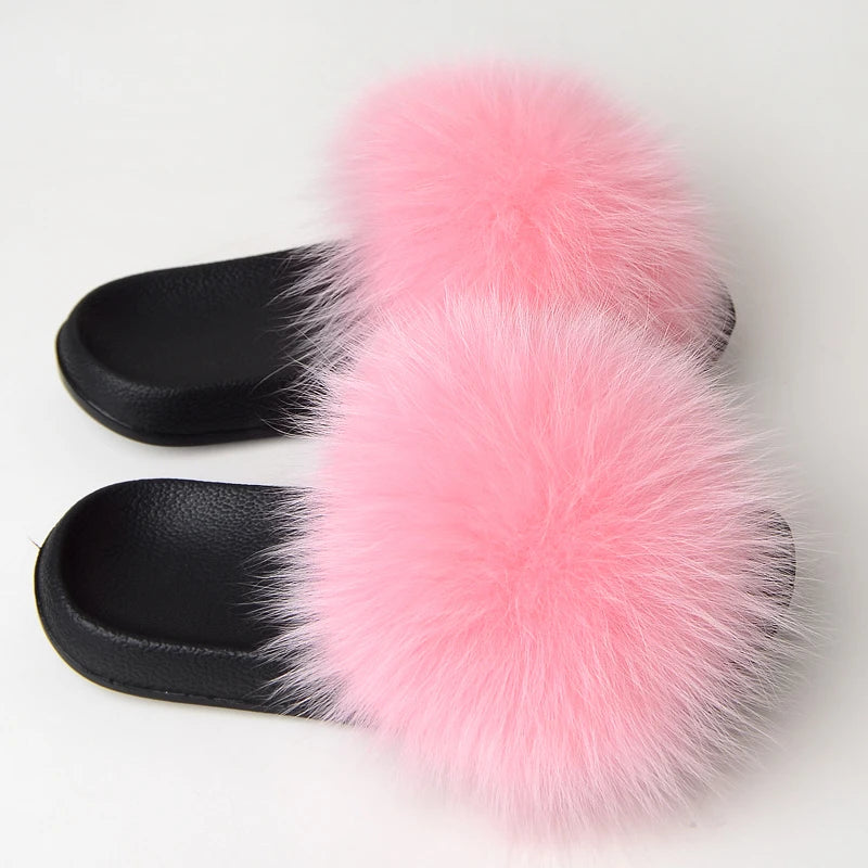 Real Fox Fur Slippers Women Fluffy Slippers With Fur Fashion Beach Shoes Plus Size Shoes Natural Fur Slippers Woman Home Slipper