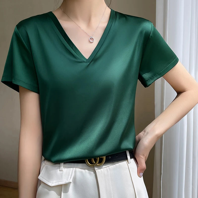 2024 Summer Basic Solid Women's T-Shirts V-Neck Short Sleeve Tees Tops  Satin Silk Elegant Thin Shirts for Female