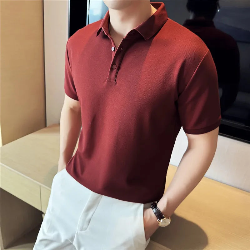 Solid Color Men's Business-casual POLO Shirt, Slim-fit Stretchable Polo Shirt with Polo Collar, Short Sleeve T-shirt for Summer.